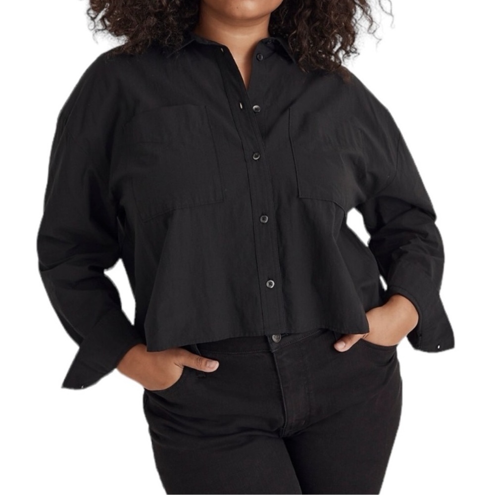 Madewell Black Cropped Button-Down Shirt with Patch Pockets